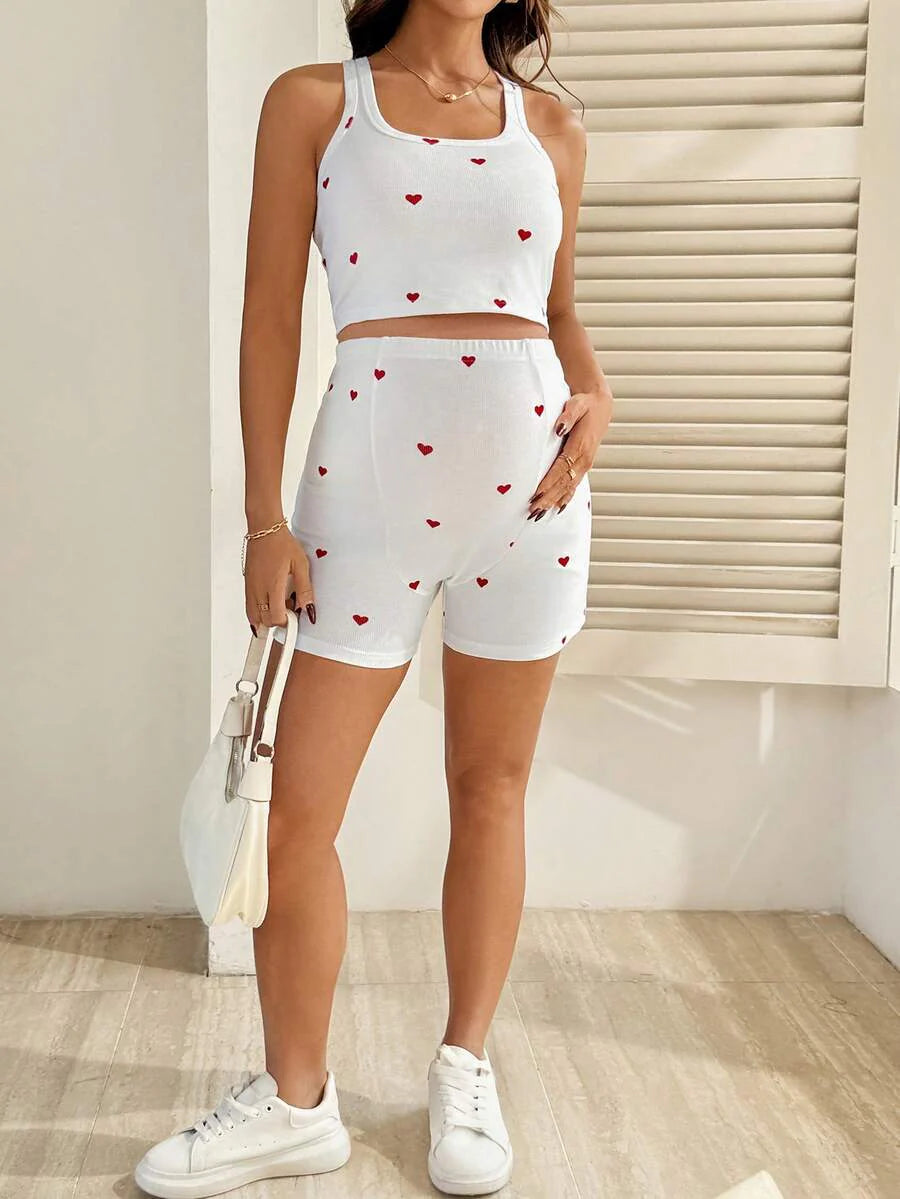 2 Piece Maternity Heart Print Cropped Tank Top and Shorts Set Casual White Slim Fit Summer Workout and Beach Outfit
