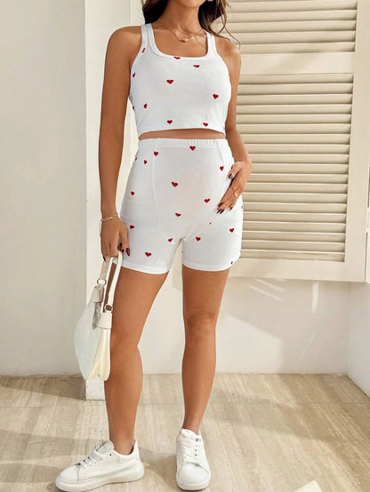 2 Piece Maternity Heart Print Cropped Tank Top and Shorts Set Casual White Slim Fit Summer Workout and Beach Outfit