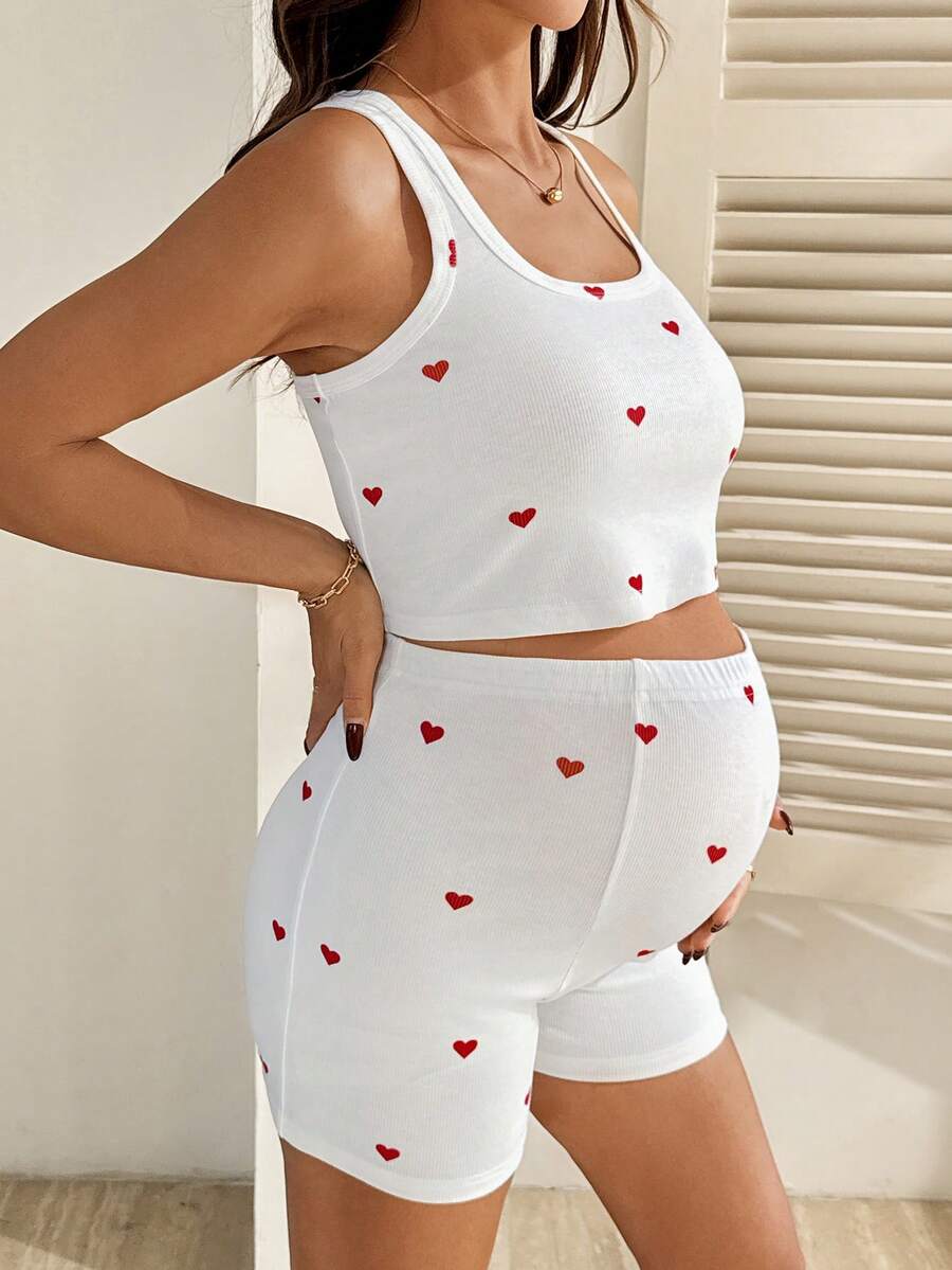 2 Piece Maternity Heart Print Cropped Tank Top and Shorts Set Casual White Slim Fit Summer Workout and Beach Outfit