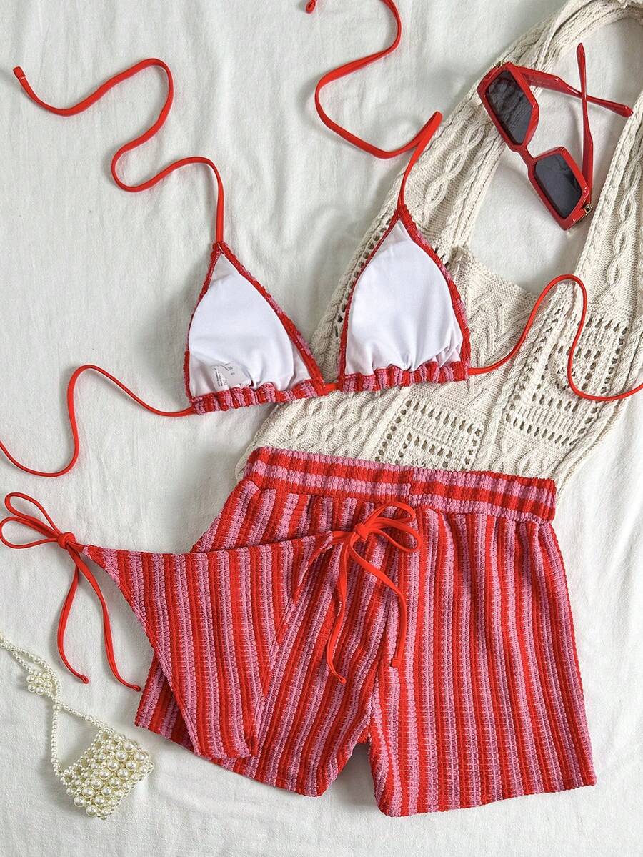 Women's 3-Piece Boho Crochet Bikini Set - Drawstring Cover-Up, Halter, Shorts, Royal Blue