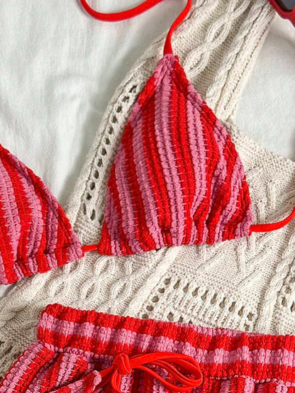 Women's 3-Piece Boho Crochet Bikini Set - Drawstring Cover-Up, Halter, Shorts, Royal Blue