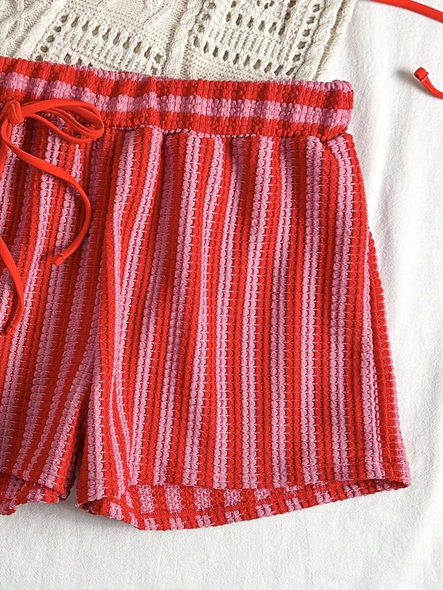 Women's 3-Piece Boho Crochet Bikini Set - Drawstring Cover-Up, Halter, Shorts, Royal Blue