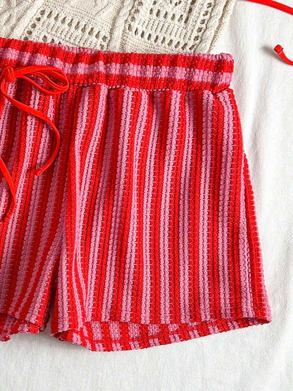 Women's 3-Piece Boho Crochet Bikini Set - Drawstring Cover-Up, Halter, Shorts, Royal Blue