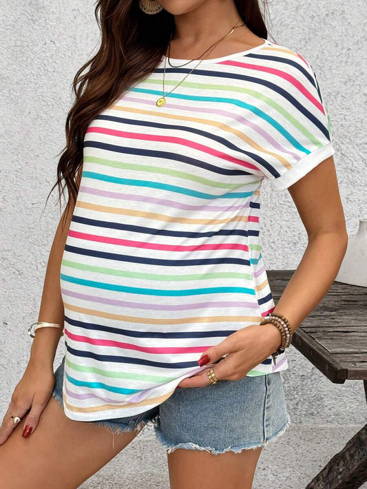 Summer Outfits Rainbow Striped Loose-Fitting Basic T-Shirt For Pregnant Women's Everyday Casual Wear Maternity Basic Casual Colorful Striped Short Sleeve T-Shirt Workout Tops Women Yoga Top Y2k Shirt Women's Stripe Shirt Casual Shirt Women Women Top