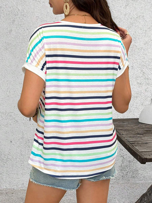 Summer Outfits Rainbow Striped Loose-Fitting Basic T-Shirt For Pregnant Women's Everyday Casual Wear Maternity Basic Casual Colorful Striped Short Sleeve T-Shirt Workout Tops Women Yoga Top Y2k Shirt Women's Stripe Shirt Casual Shirt Women Women Top