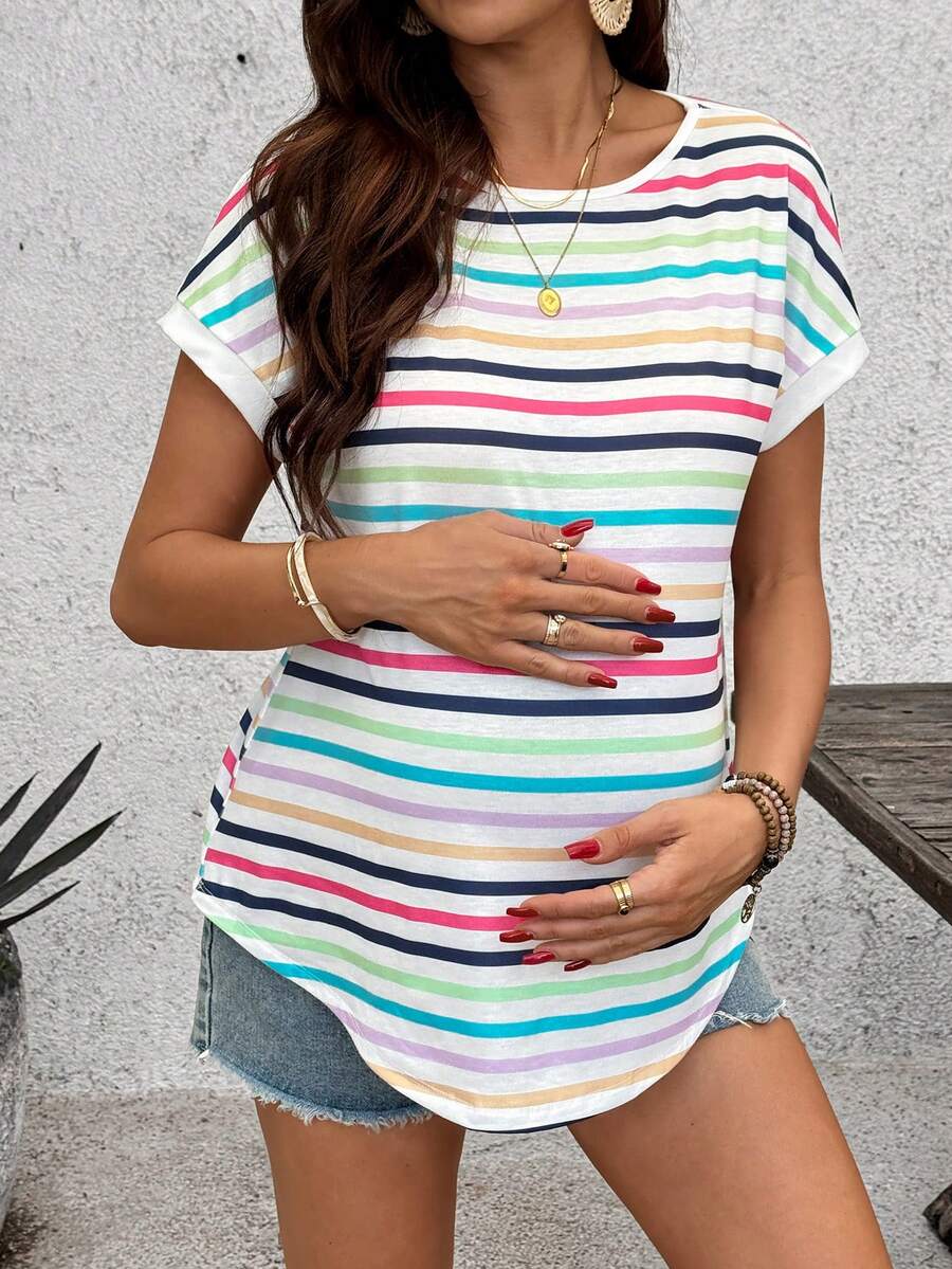 Summer Outfits Rainbow Striped Loose-Fitting Basic T-Shirt For Pregnant Women's Everyday Casual Wear Maternity Basic Casual Colorful Striped Short Sleeve T-Shirt Workout Tops Women Yoga Top Y2k Shirt Women's Stripe Shirt Casual Shirt Women Women Top