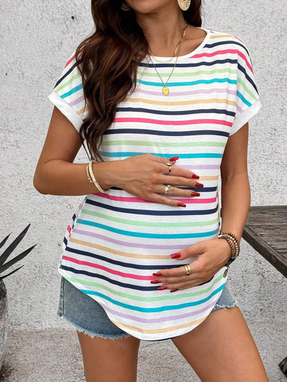 Summer Outfits Rainbow Striped Loose-Fitting Basic T-Shirt For Pregnant Women's Everyday Casual Wear Maternity Basic Casual Colorful Striped Short Sleeve T-Shirt Workout Tops Women Yoga Top Y2k Shirt Women's Stripe Shirt Casual Shirt Women Women Top