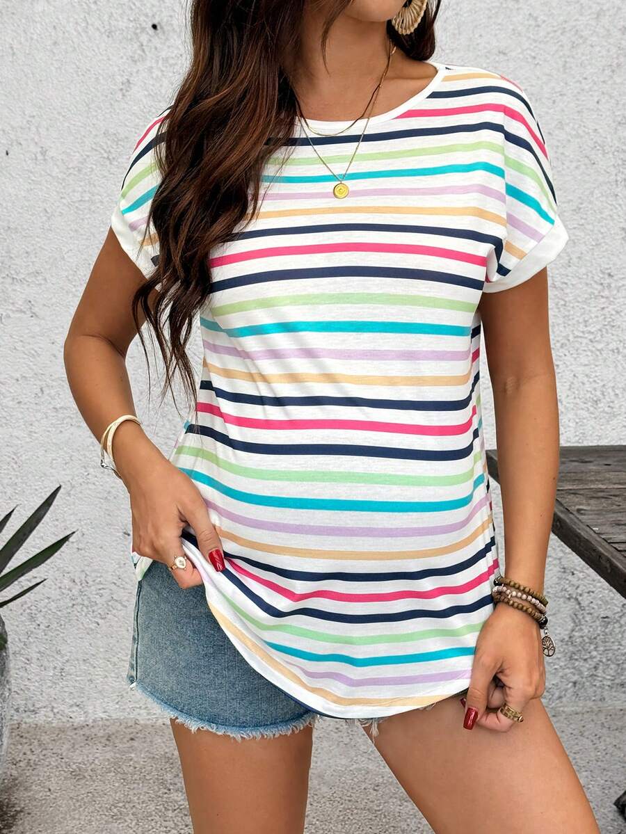 Summer Outfits Rainbow Striped Loose-Fitting Basic T-Shirt For Pregnant Women's Everyday Casual Wear Maternity Basic Casual Colorful Striped Short Sleeve T-Shirt Workout Tops Women Yoga Top Y2k Shirt Women's Stripe Shirt Casual Shirt Women Women Top