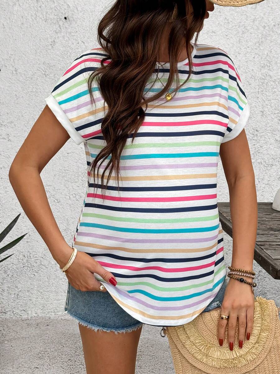 Summer Outfits Rainbow Striped Loose-Fitting Basic T-Shirt For Pregnant Women's Everyday Casual Wear Maternity Basic Casual Colorful Striped Short Sleeve T-Shirt Workout Tops Women Yoga Top Y2k Shirt Women's Stripe Shirt Casual Shirt Women Women Top