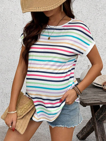 Summer Outfits Rainbow Striped Loose-Fitting Basic T-Shirt For Pregnant Women's Everyday Casual Wear Maternity Basic Casual Colorful Striped Short Sleeve T-Shirt Workout Tops Women Yoga Top Y2k Shirt Women's Stripe Shirt Casual Shirt Women Women Top