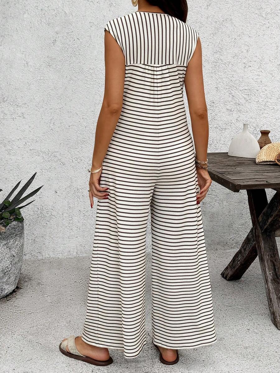 Coffee Brown Striped Maternity & Nursing Jumpsuit – Casual Round Neck Cap Sleeve Wide Leg Cropped Overalls with Button Details