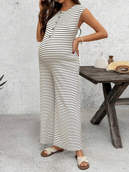 Coffee Brown Striped Maternity & Nursing Jumpsuit – Casual Round Neck Cap Sleeve Wide Leg Cropped Overalls with Button Details