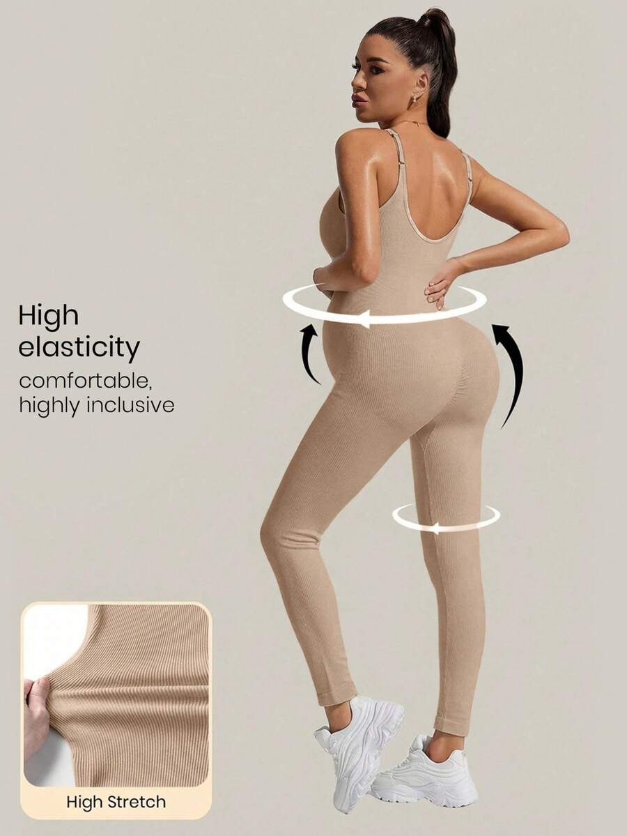 Yellow Rib-Knit Asymmetrical Neck Maternity Jumpsuit - High Stretch Sleeveless Skinny Fit Capri One Piece - Casual Sporty Maternity Wear