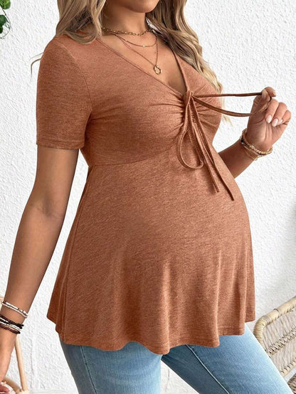 Maternity T-Shirt - Solid Color Front Tie Casual Short Sleeve Soft Stretch, Everyday Pregnancy