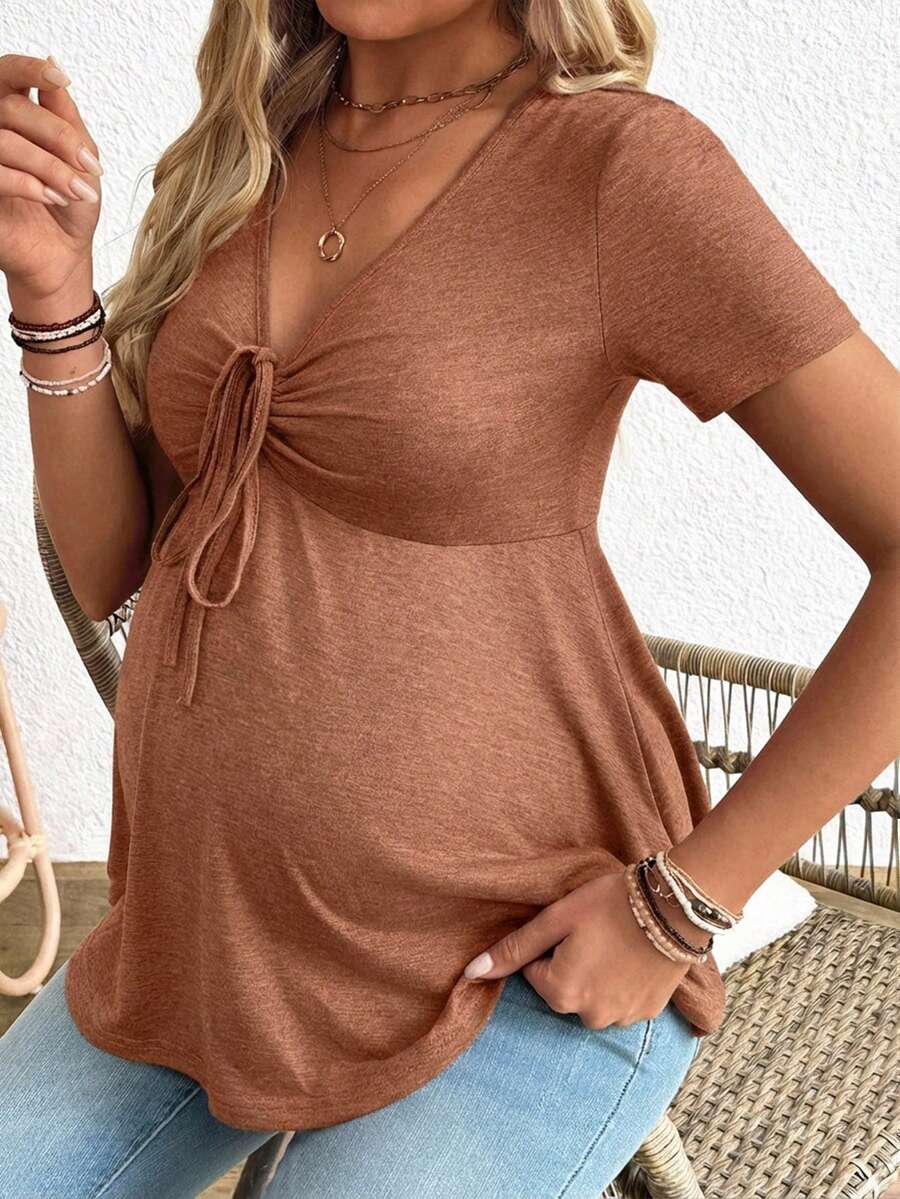 Maternity V-Neck Long Sleeve T-Shirt - Slim Fit Ruched Ruffle Hem Knitted Casual Top for Beach and Daily Wear