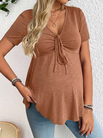 Maternity T-Shirt - Solid Color Front Tie Casual Short Sleeve Soft Stretch, Everyday Pregnancy