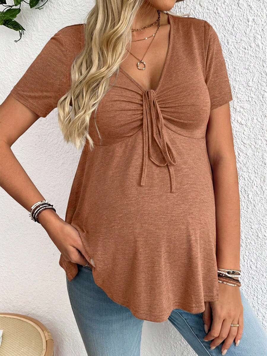 Maternity V-Neck Long Sleeve T-Shirt - Slim Fit Ruched Ruffle Hem Knitted Casual Top for Beach and Daily Wear