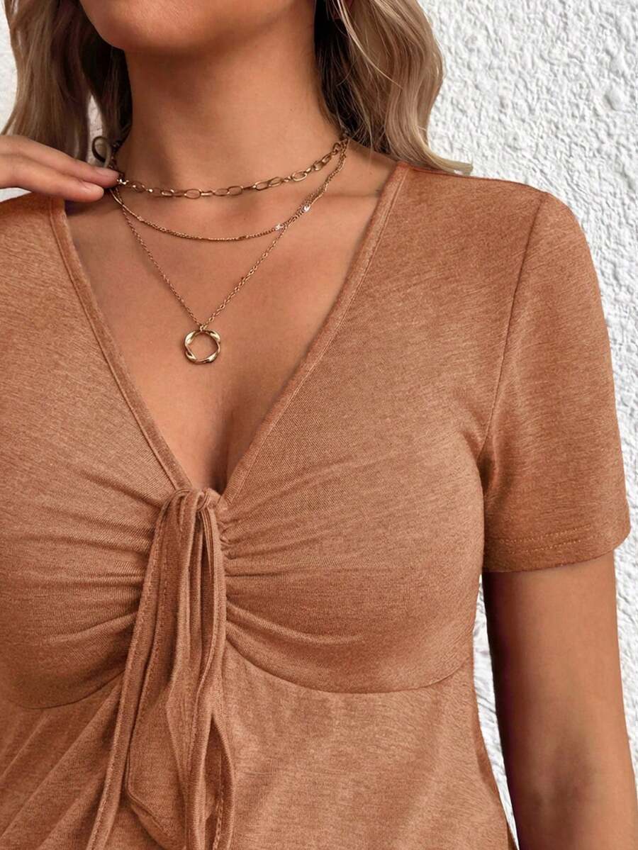 Maternity V-Neck Long Sleeve T-Shirt - Slim Fit Ruched Ruffle Hem Knitted Casual Top for Beach and Daily Wear