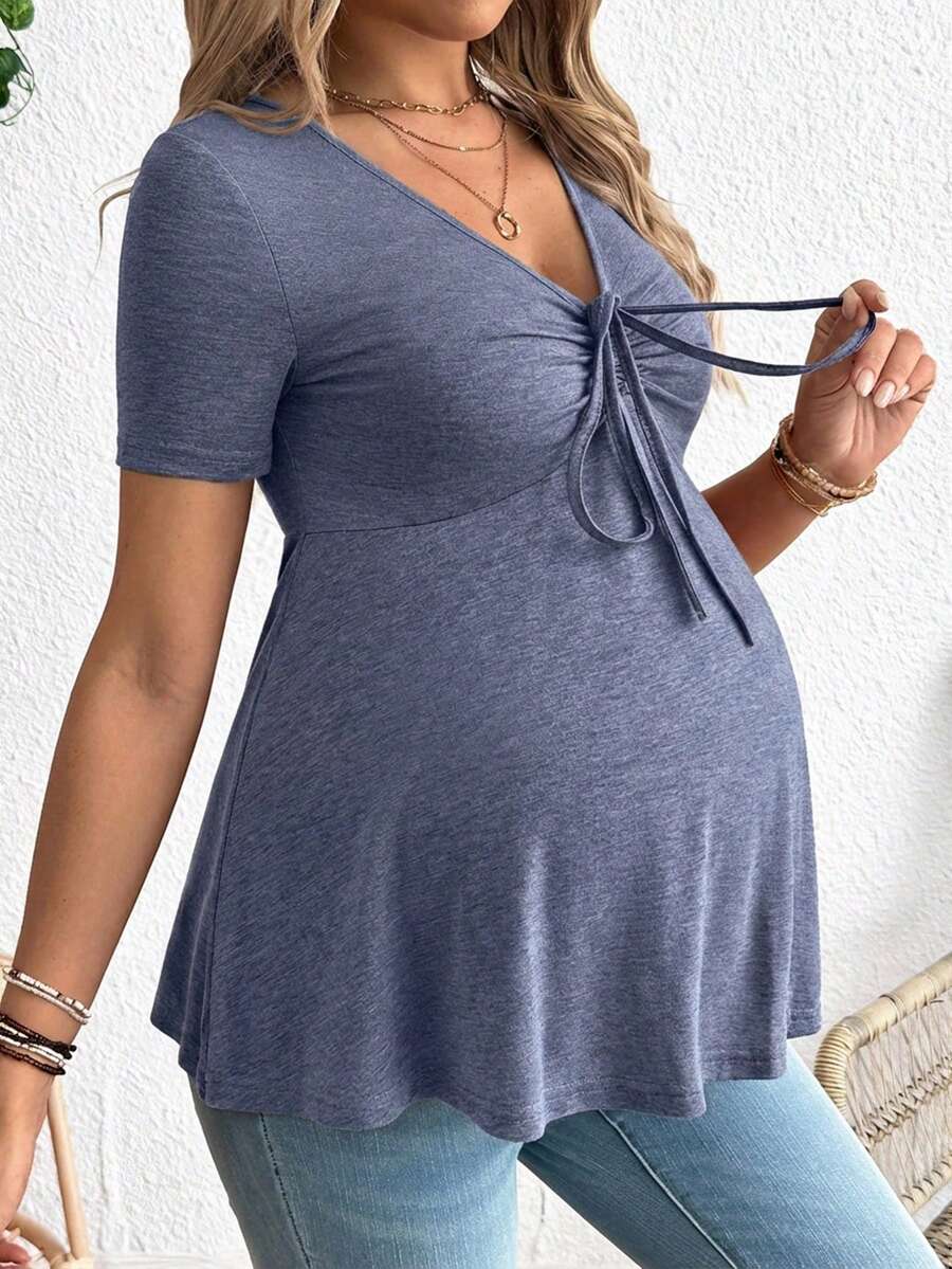 Maternity V-Neck Long Sleeve T-Shirt - Slim Fit Ruched Ruffle Hem Knitted Casual Top for Beach and Daily Wear