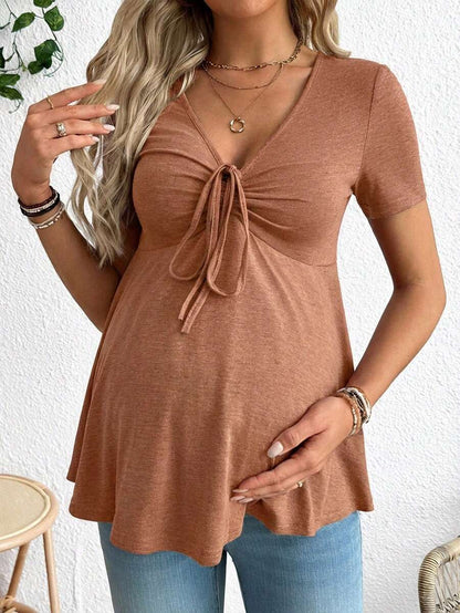 Maternity V-Neck Long Sleeve T-Shirt - Slim Fit Ruched Ruffle Hem Knitted Casual Top for Beach and Daily Wear
