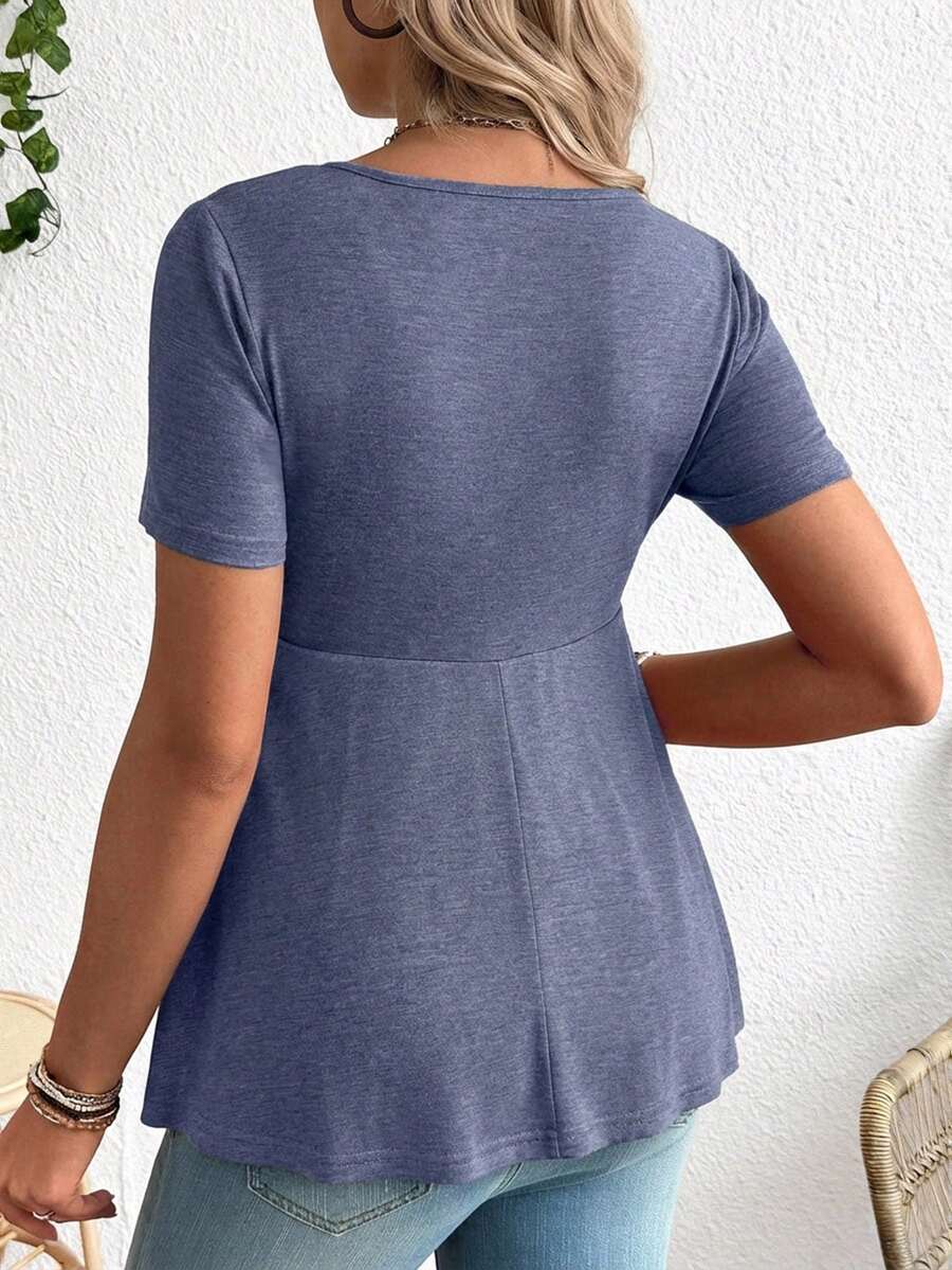 Maternity V-Neck Long Sleeve T-Shirt - Slim Fit Ruched Ruffle Hem Knitted Casual Top for Beach and Daily Wear