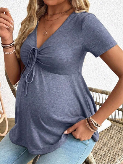 Maternity T-Shirt - Solid Color Front Tie Casual Short Sleeve Soft Stretch, Everyday Pregnancy