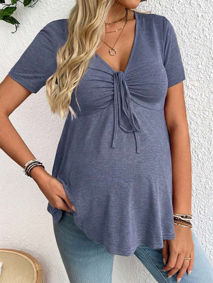 Maternity V-Neck Long Sleeve T-Shirt - Slim Fit Ruched Ruffle Hem Knitted Casual Top for Beach and Daily Wear