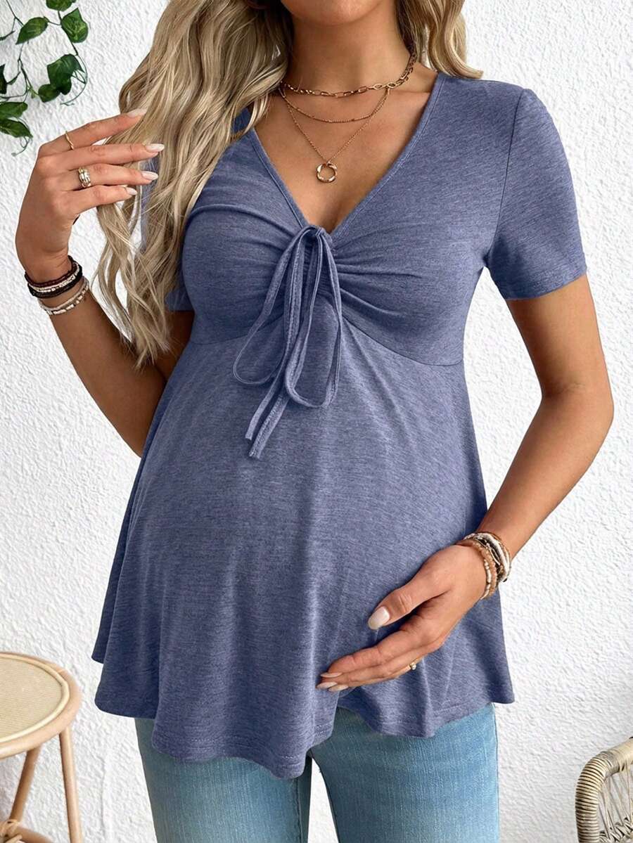 Maternity T-Shirt - Solid Color Front Tie Casual Short Sleeve Soft Stretch, Everyday Pregnancy