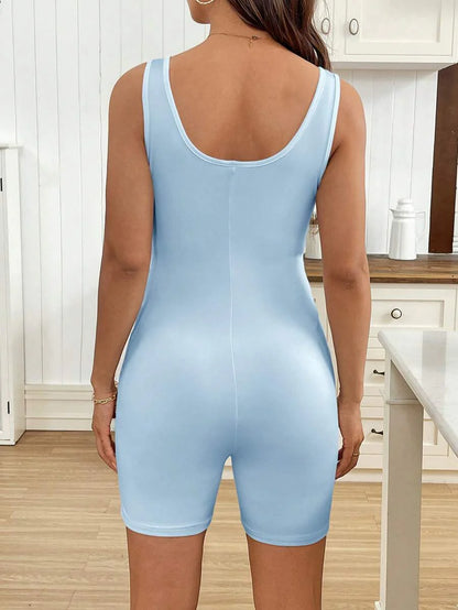 Maternity Baby Blue Scoop Neck Sleeveless Unitard - Skinny Fit Casual Daily Romper