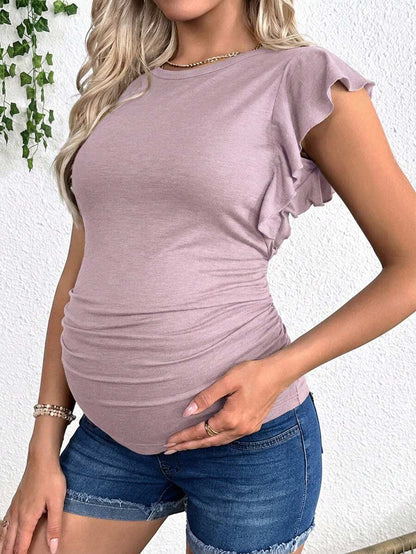 Maternity Ruched T-Shirt - Gray Ruffle Sleeve Crew Neck Soft Stretch Casual, Summer Breastfeeding
