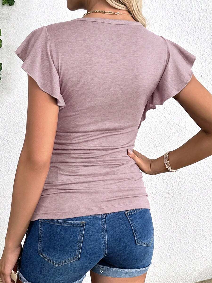 Maternity Red Round Neck Cap Sleeve T-Shirt - Slim Fit Ruffle Flounce Sleeve Knitted Top for Casual Daily Wear