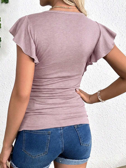 Maternity Red Round Neck Cap Sleeve T-Shirt - Slim Fit Ruffle Flounce Sleeve Knitted Top for Casual Daily Wear