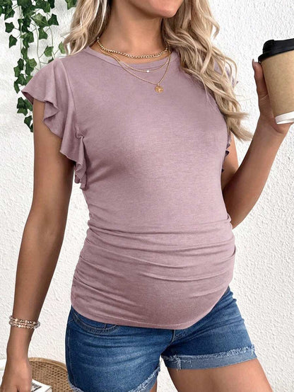 Maternity Ruched T-Shirt - Gray Ruffle Sleeve Crew Neck Soft Stretch Casual, Summer Breastfeeding