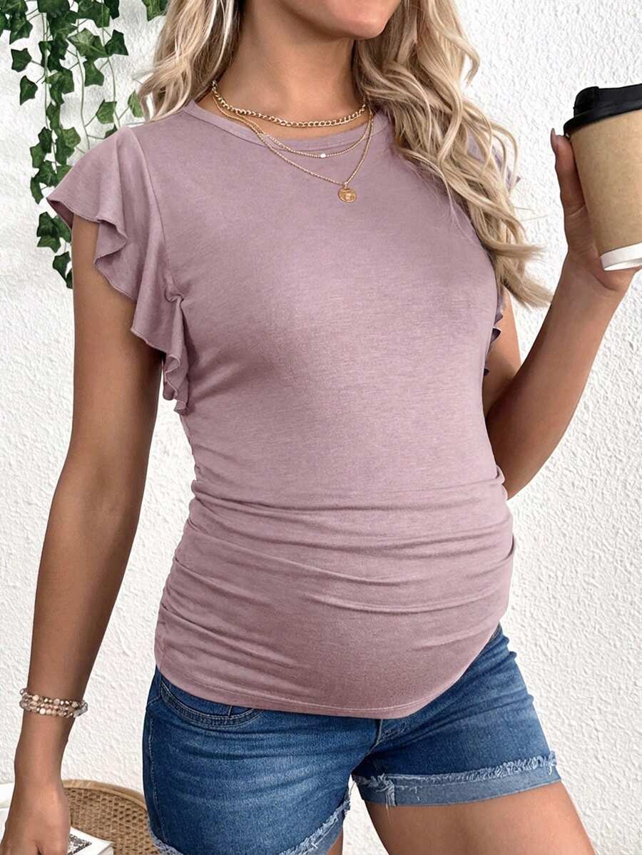 Maternity Red Round Neck Cap Sleeve T-Shirt - Slim Fit Ruffle Flounce Sleeve Knitted Top for Casual Daily Wear