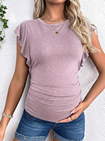 Maternity Ruched T-Shirt - Gray Ruffle Sleeve Crew Neck Soft Stretch Casual, Summer Breastfeeding