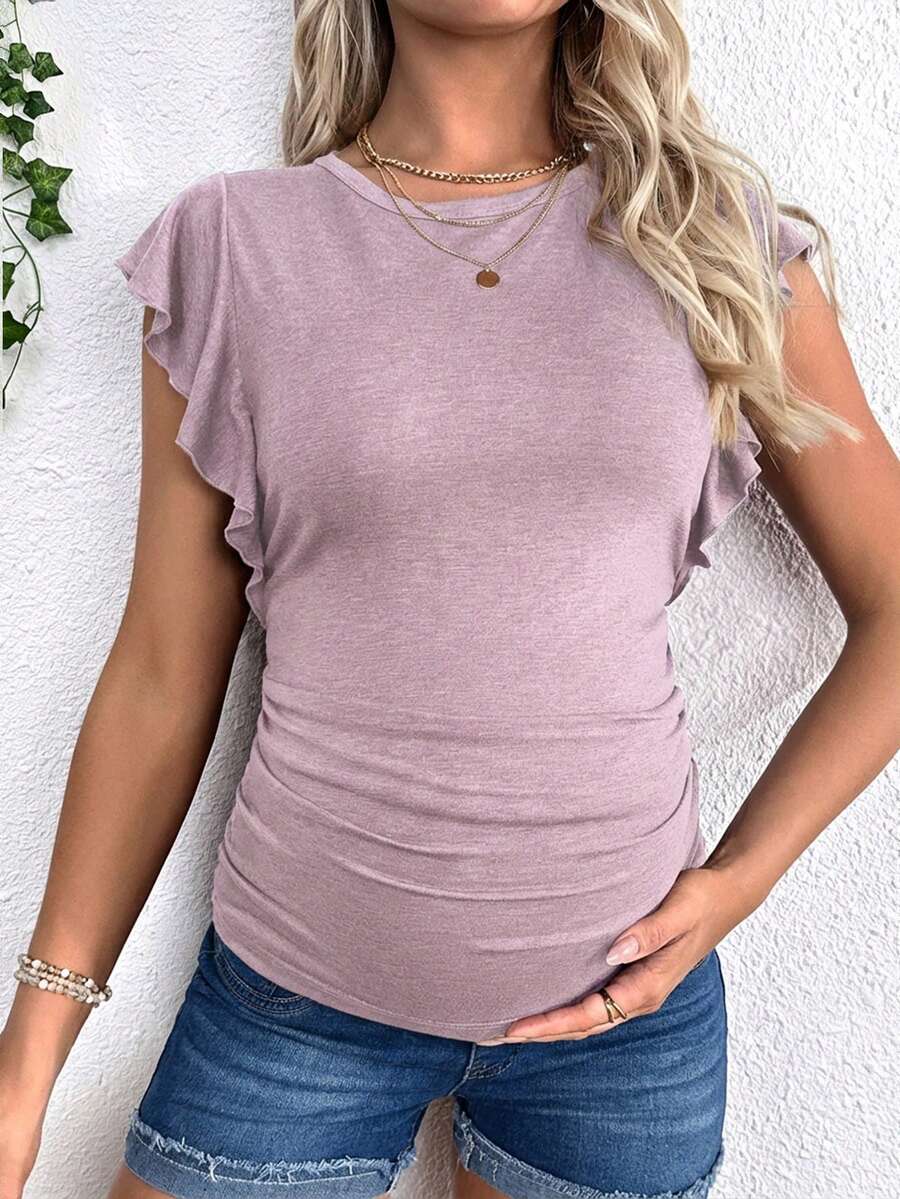 Maternity Red Round Neck Cap Sleeve T-Shirt - Slim Fit Ruffle Flounce Sleeve Knitted Top for Casual Daily Wear
