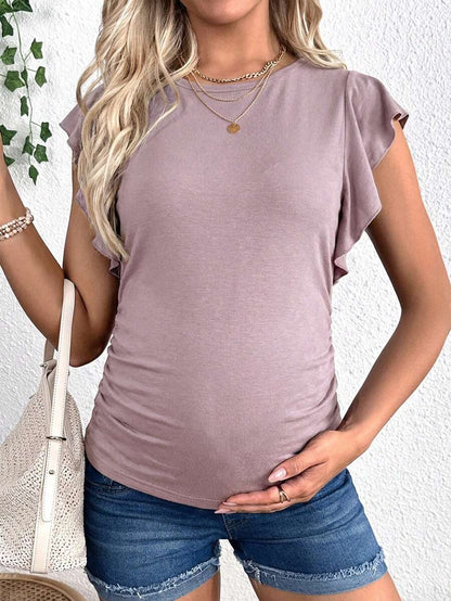 Maternity Ruched T-Shirt - Gray Ruffle Sleeve Crew Neck Soft Stretch Casual, Summer Breastfeeding