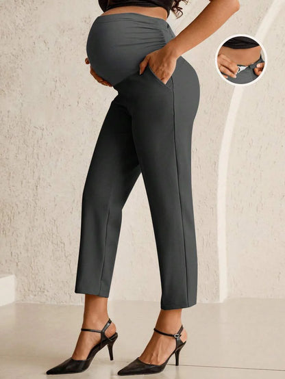 Maternity Tailored Office Pants - Adjustable Waist, Belly Support, Cropped, Khaki