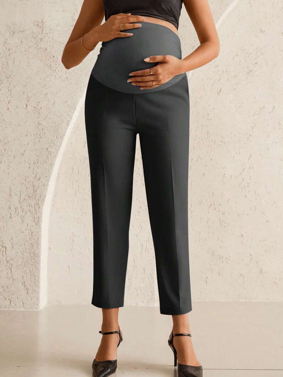 Maternity Tailored Office Pants - Adjustable Waist, Belly Support, Cropped, Khaki