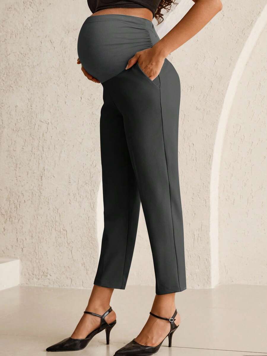 Maternity Tailored Office Pants - Adjustable Waist, Belly Support, Cropped, Khaki