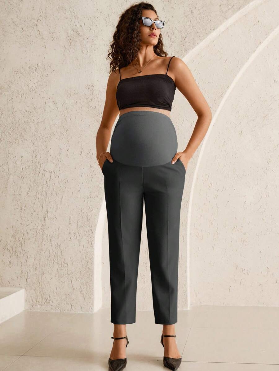Maternity Tailored Office Pants - Adjustable Waist, Belly Support, Cropped, Khaki
