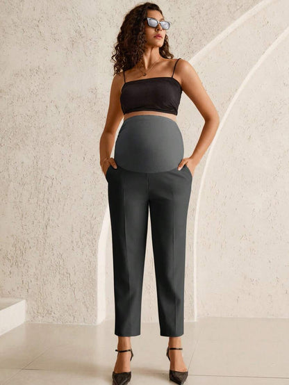 Maternity Tailored Office Pants - Adjustable Waist, Belly Support, Cropped, Khaki