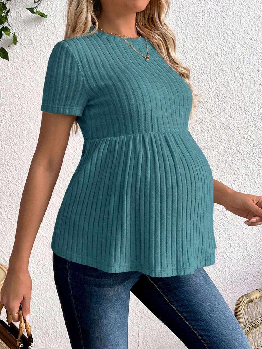 Maternity Rib Knit Ruffle Hem Top Black Round Neck Short Sleeve Slim Fit Casual Flared Tee Shirt for Daily Wear
