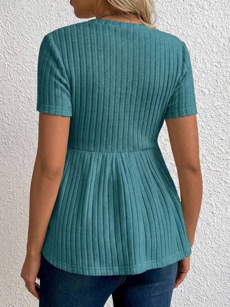 Maternity Rib Knit Ruffle Hem Top Black Round Neck Short Sleeve Slim Fit Casual Flared Tee Shirt for Daily Wear