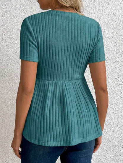 Maternity Rib Knit Ruffle Hem Top Black Round Neck Short Sleeve Slim Fit Casual Flared Tee Shirt for Daily Wear