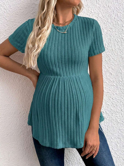 Maternity Rib Knit Ruffle Hem Top Black Round Neck Short Sleeve Slim Fit Casual Flared Tee Shirt for Daily Wear