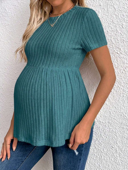 Maternity Rib Knit Ruffle Hem Top Black Round Neck Short Sleeve Slim Fit Casual Flared Tee Shirt for Daily Wear