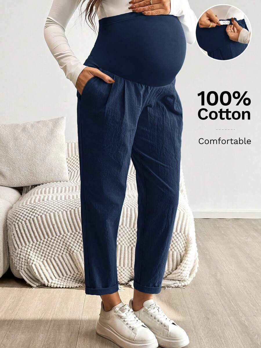 Pink Ultra High Waist Pleated Maternity Pants – 100% Cotton Tapered Trousers with Elastic Waist and Pockets for Casual & Semi-Formal Wear