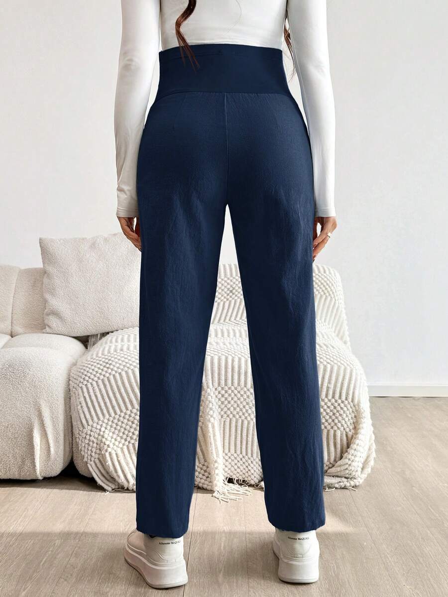 Pink Ultra High Waist Pleated Maternity Pants – 100% Cotton Tapered Trousers with Elastic Waist and Pockets for Casual & Semi-Formal Wear