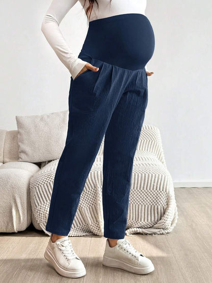 Maternity Tapered Pants - Adjustable Ultra High Waist, Cotton, Green